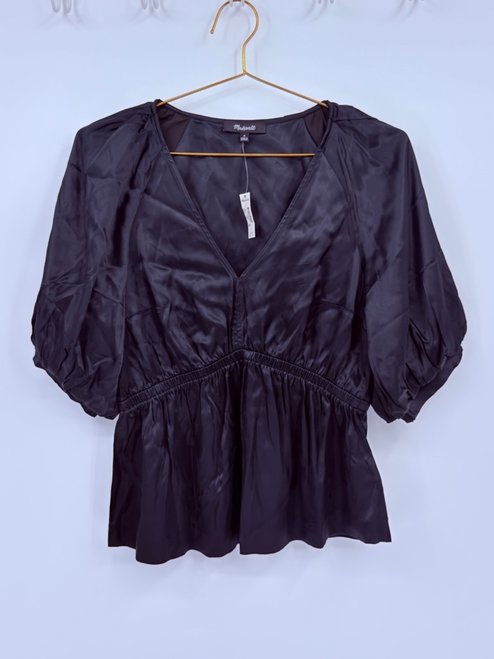 Madewell Black Silk Blend Peplum Blouse Puff Sleeve V Neck Top Medium